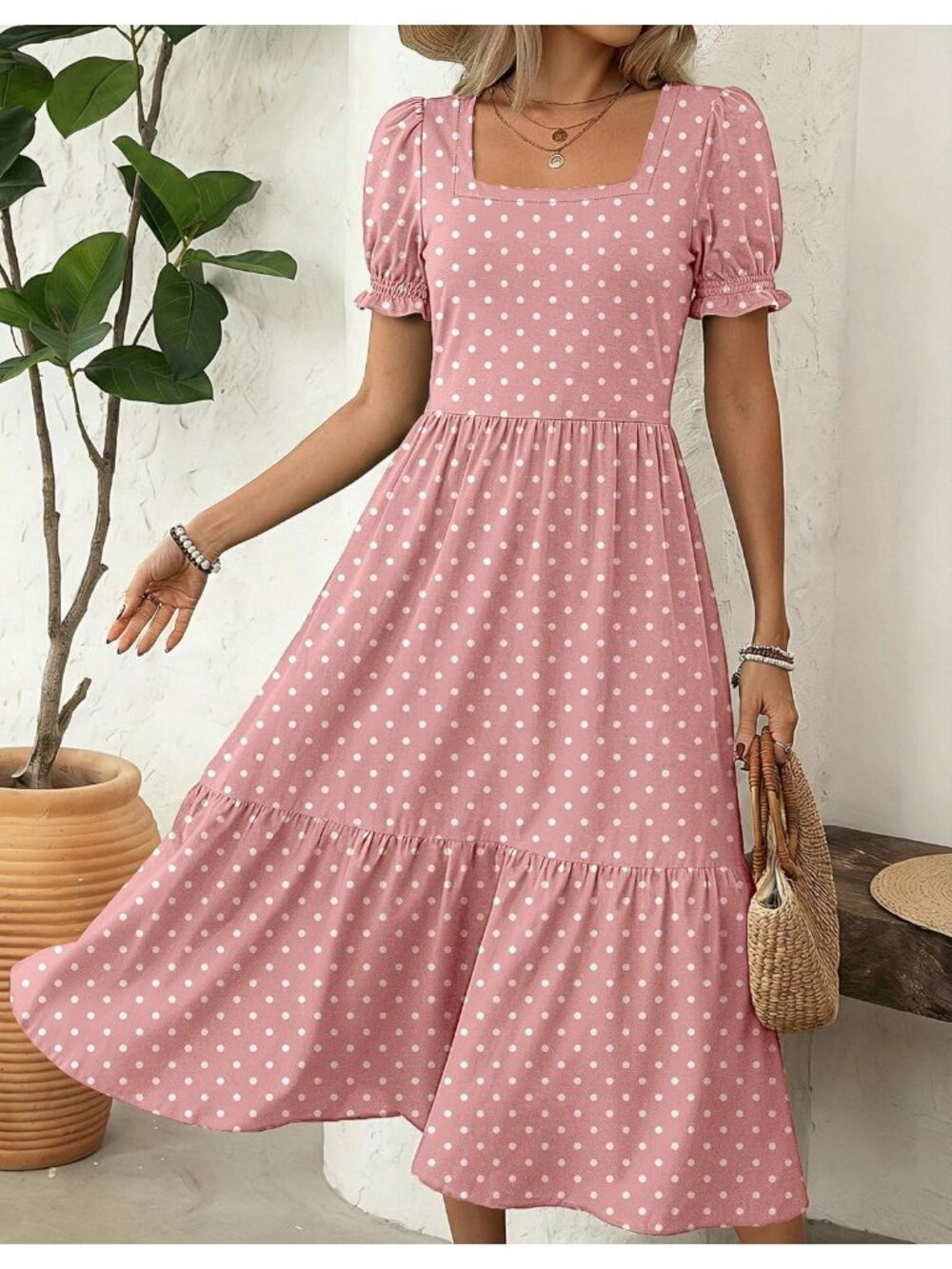 Zeagoo Women's Pink Dot Floral Flowy Casual Short Sleeve Tiered Midi Maxi Dress - Picture 5 of 6